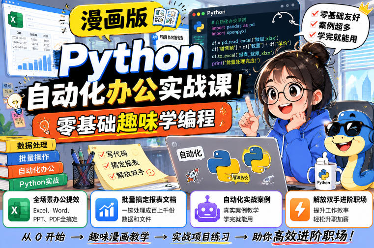 漫画版Python自动化办公实战课｜零基础趣味学编程，全场景办公提效、批量搞定报表文档、解放双手进阶职场-盟主1站 - 热点知汇专注网赚项目资源知识聚汇