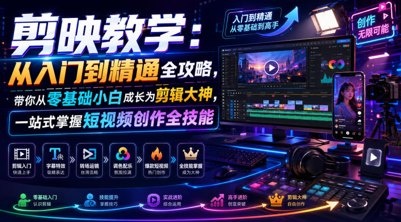 剪映教学：从入门到精通全攻略，带你从零基础小白成长为剪辑大神，一站式掌握短视频创作全技能-盟主1站 - 热点知汇专注网赚项目资源知识聚汇