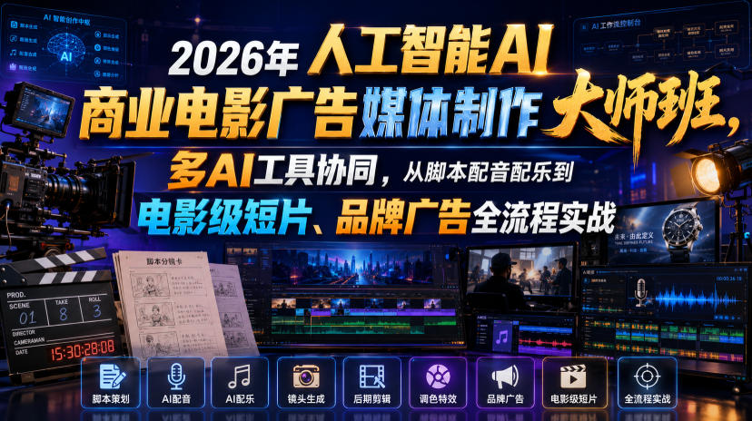2026年人工智能AI商业电影广告媒体制作大师班，多AI工具协同，从脚本配音配乐到电影级短片、品牌广告全流程实战(中英字幕)-盟主1站 - 热点知汇专注网赚项目资源知识聚汇
