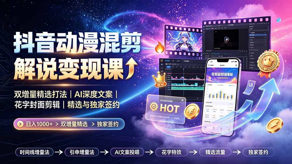 抖音动漫混剪解说变现课：双增量精选打法｜AI深度文案｜花字封面剪辑｜ 精选与独家签约日入1000+-盟主1站 - 热点知汇专注网赚项目资源知识聚汇