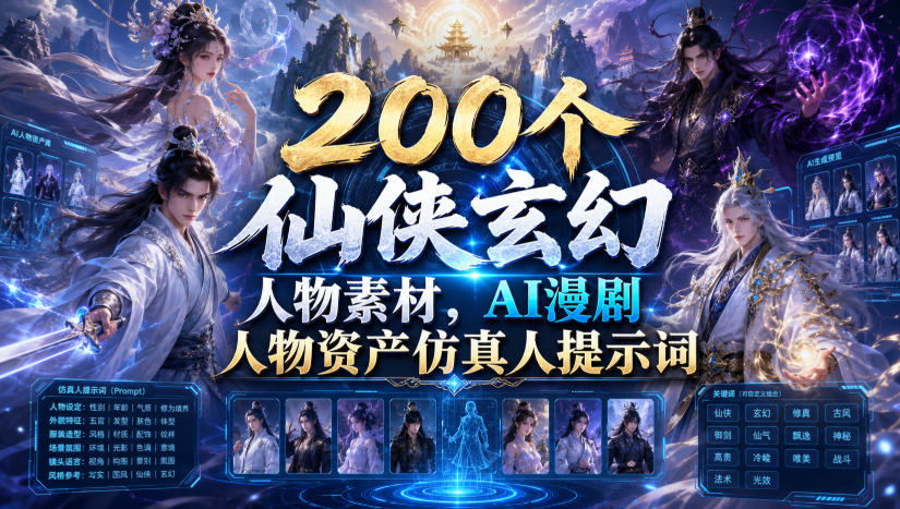 200个仙侠玄幻人物素材，AI漫剧人物资产仿真人提示词-盟主1站 - 热点知汇专注网赚项目资源知识聚汇