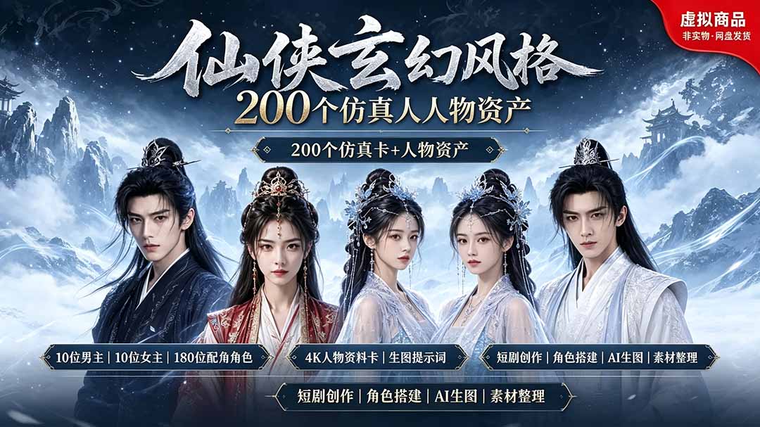 200个仙侠玄幻仿真人素材◆10男主×10女主×180配角，4K资料卡+AI生图提示词，漫剧必备-盟主1站 - 热点知汇专注网赚项目资源知识聚汇
