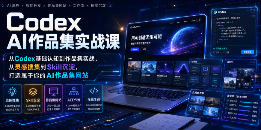 Codex AI作品集实战课，从Codex基础认知到作品集实战，从灵感搜集到Skill沉淀，打造属于你的AI作品集网站-盟主1站 - 热点知汇专注网赚项目资源知识聚汇