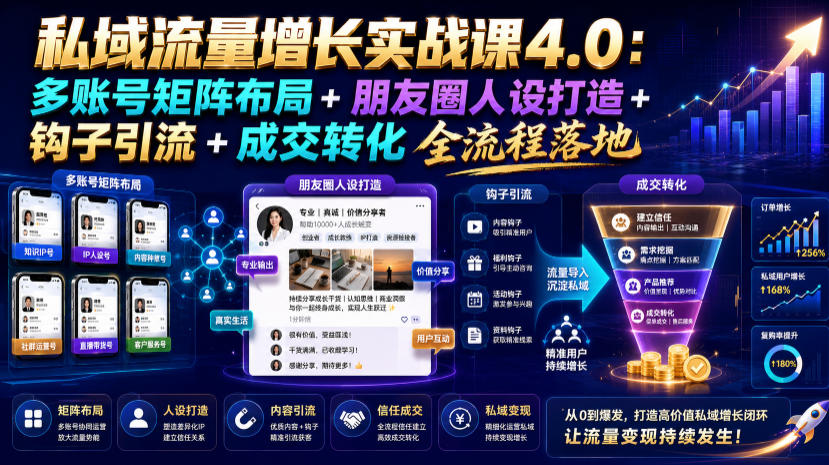 私域流量增长实战课4.0：多账号矩阵布局+朋友圈人设打造+钩子引流+成交转化全流程落地-盟主1站 - 热点知汇专注网赚项目资源知识聚汇