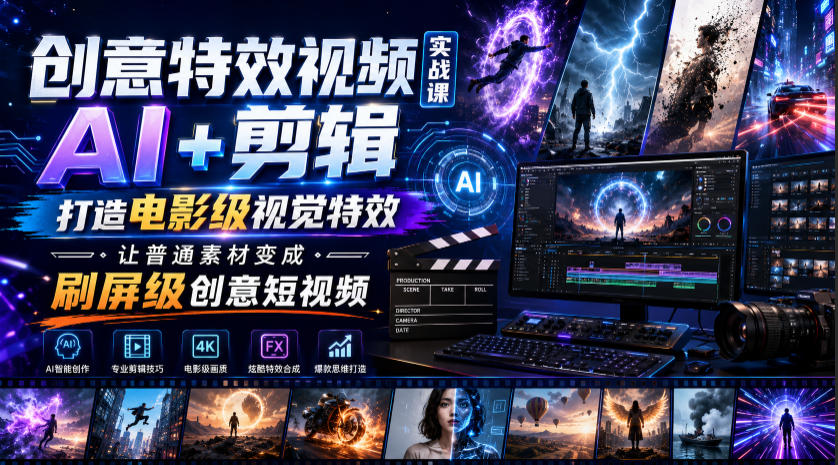 创意特效视频实战课，AI+剪辑打造电影级视觉特效，让普通素材变成刷屏级创意短视频-盟主1站 - 热点知汇专注网赚项目资源知识聚汇