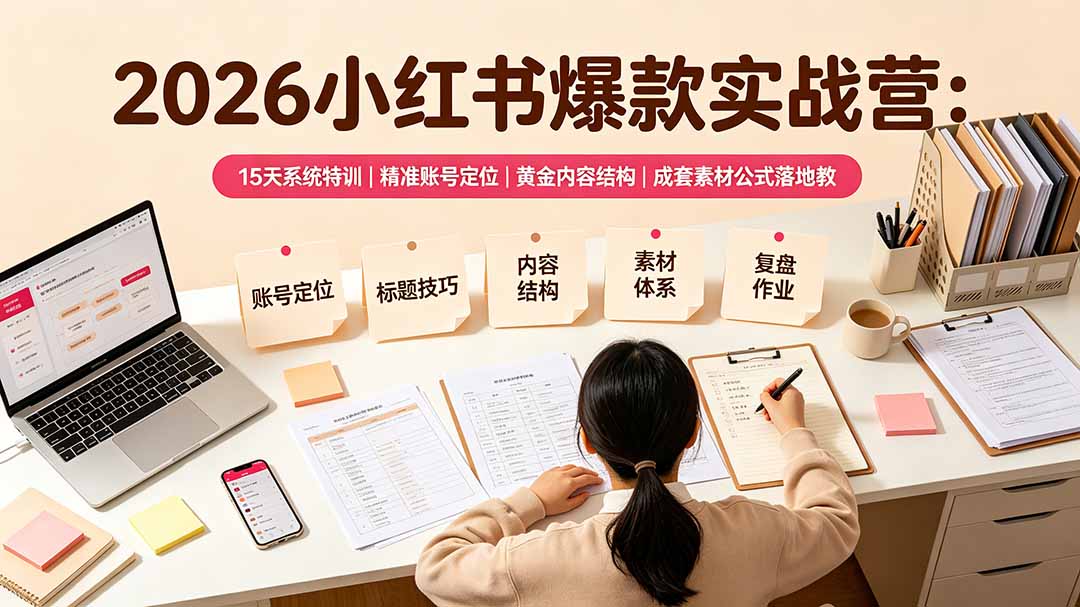 2026小红书爆款实战营：15天系统特训｜精准账号定位｜黄金内容结构｜成套素材公式落地教程-盟主1站 - 热点知汇专注网赚项目资源知识聚汇