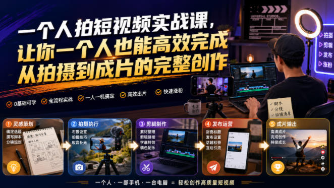 一个人拍短视频实战课，让你一个人也能高效完成从拍摄到成片的完整创作-盟主1站 - 热点知汇专注网赚项目资源知识聚汇