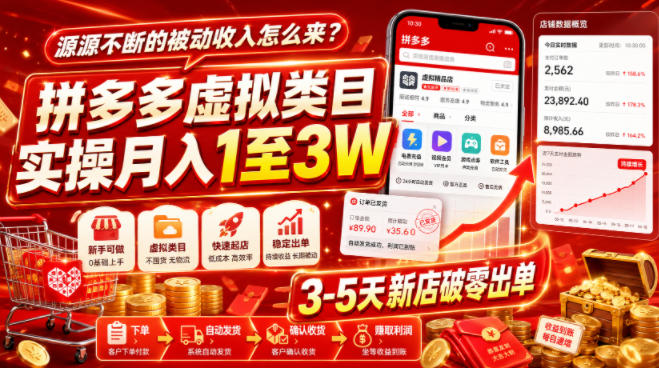 源源不断的被动收入怎么来？拼多多虚拟类目实操月入1至3W，3-5天新店破零出单-盟主1站 - 热点知汇专注网赚项目资源知识聚汇