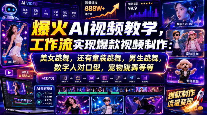 爆火AI视频教学,工作流实现爆款视频制作:美女跳舞,还有童装跳舞,男生跳舞,数字人对口型,宠物跳舞等等-盟主1站 - 热点知汇专注网赚项目资源知识聚汇