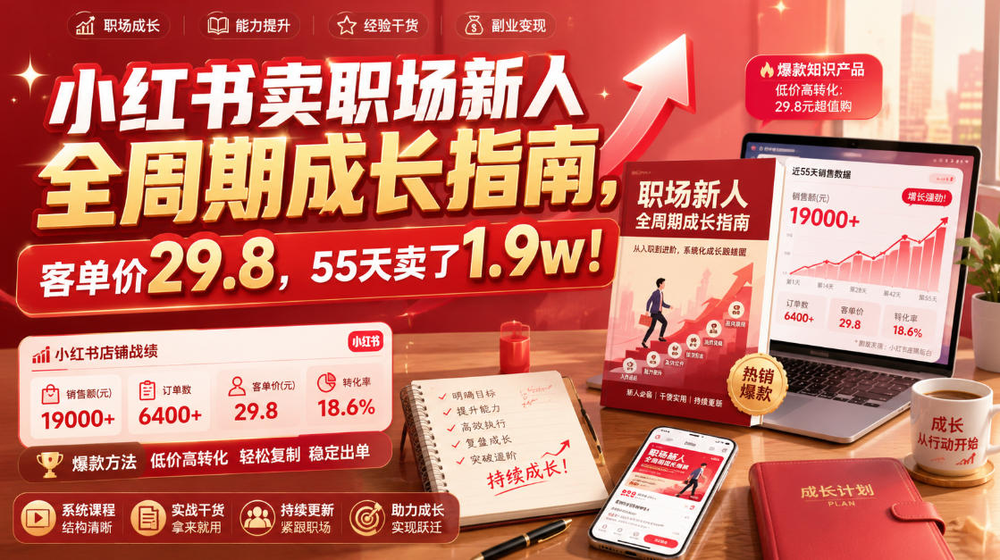 小红书卖职场新人全周期成长指南，客单价29.8，55天卖了1.9w！-盟主1站 - 热点知汇专注网赚项目资源知识聚汇