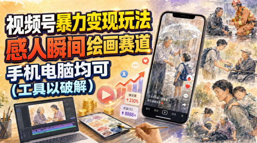 视频号暴力变现玩法，感人瞬间绘画赛道，手机电脑均可-盟主1站 - 热点知汇专注网赚项目资源知识聚汇