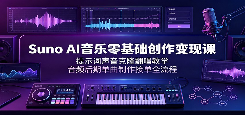 Suno AI音乐零基础创作变现课：提示词声音克隆翻唱教学，音频后期单曲制作接单全流程-盟主1站 - 热点知汇专注网赚项目资源知识聚汇