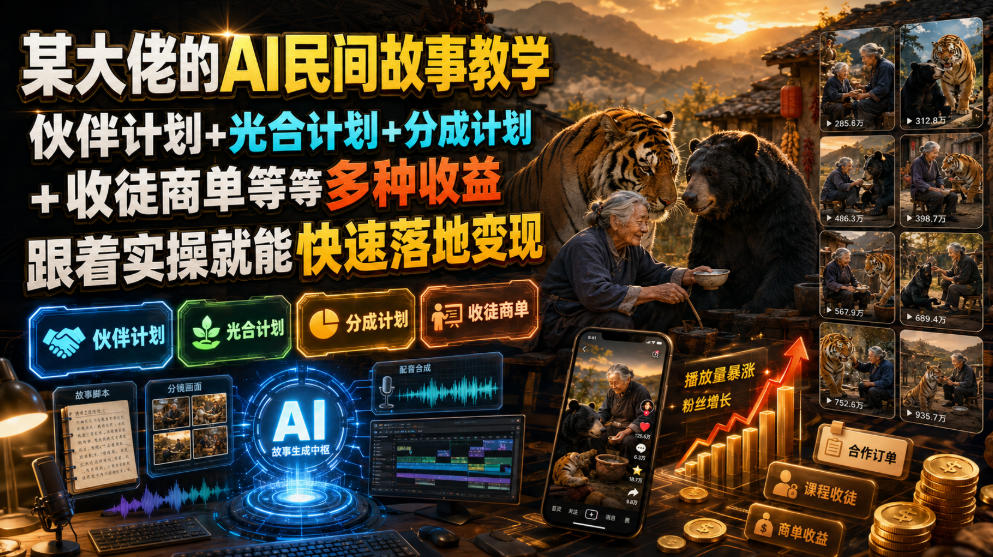 某大佬的AI民间故事教学,伙伴计划+光合计划+分成计划+收徒商单等多种收益,跟着实操就能快速落地变现-盟主1站 - 热点知汇专注网赚项目资源知识聚汇