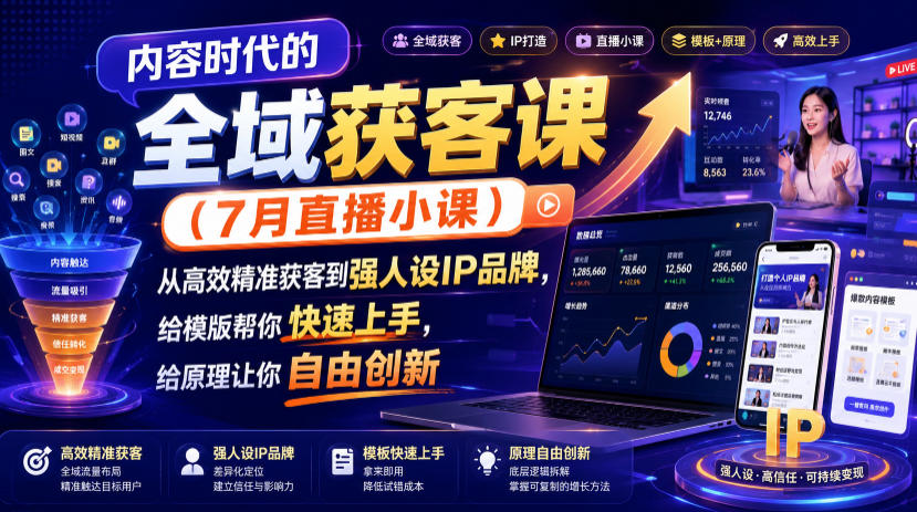 内容时代的全域获客课(7月直播小课),从高效精准获客到强人设IP品牌,给模版帮你快速上手,给原理让你自由创新-盟主1站 - 热点知汇专注网赚项目资源知识聚汇