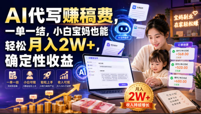 AI代写賺稿费,一单一结,小白宝妈也能轻松月入2W+,确定性收益【揭秘】-盟主1站 - 热点知汇专注网赚项目资源知识聚汇