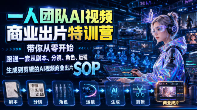 一人团队AI视频商业出片实战课：带你从零开始跑通一套从剧本、分镜、角色、运镜、生成到剪辑的AI视频商业出片SOP-盟主1站 - 热点知汇专注网赚项目资源知识聚汇