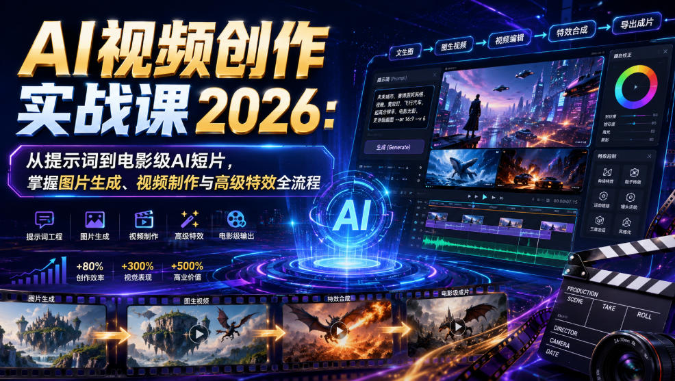 AI视频创作实战课2026:从提示词到电影级AI短片,掌握图片生成、视频制作与高级特效全流程-盟主1站 - 热点知汇专注网赚项目资源知识聚汇