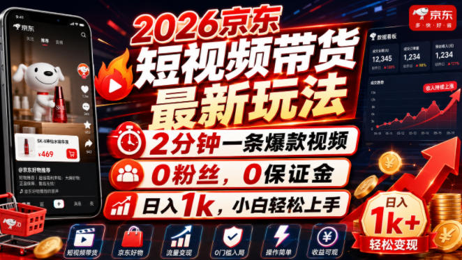 2026京东短视频带货最新玩法，2分钟一条爆款视频，0粉丝，0保证金，日入1k，小白轻松上手【揭秘】-盟主1站 - 热点知汇专注网赚项目资源知识聚汇
