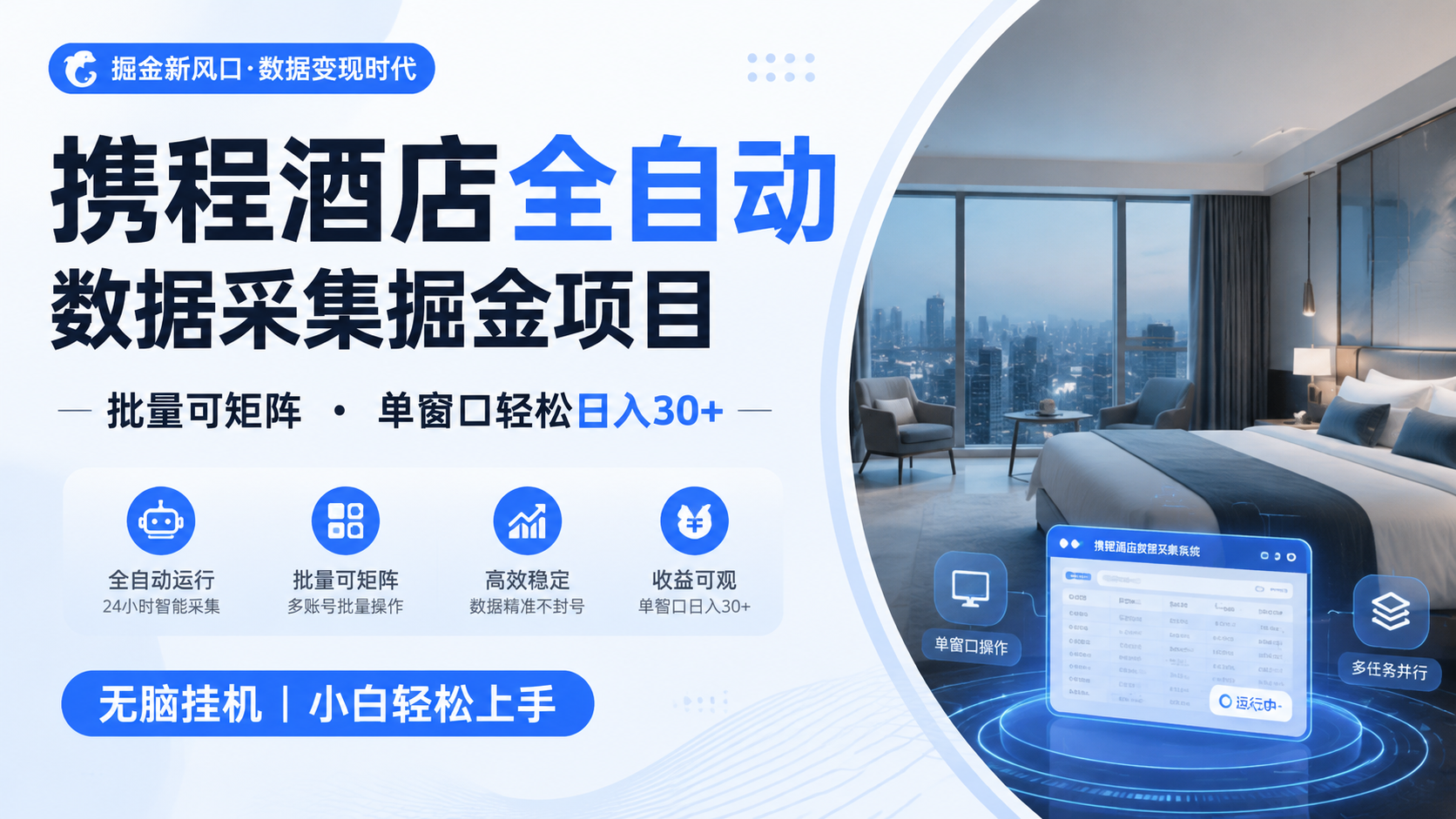 携程酒店全自动数据采集掘金 批量可矩阵 单窗口轻松日入30+-盟主1站 - 热点知汇专注网赚项目资源知识聚汇