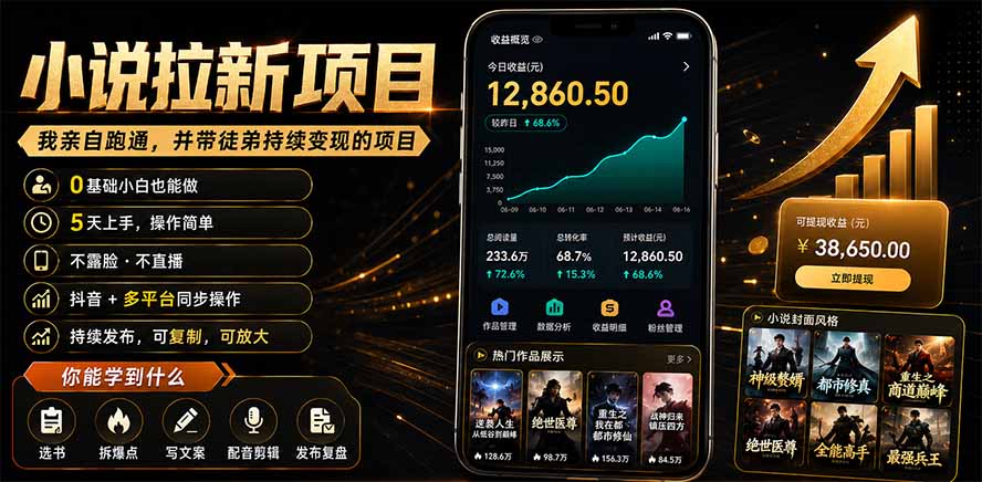 抖音及多平台小说拉新项目：我亲自跑通并持续带徒弟实操｜0基础小白5天上手快速变现-盟主1站 - 热点知汇专注网赚项目资源知识聚汇