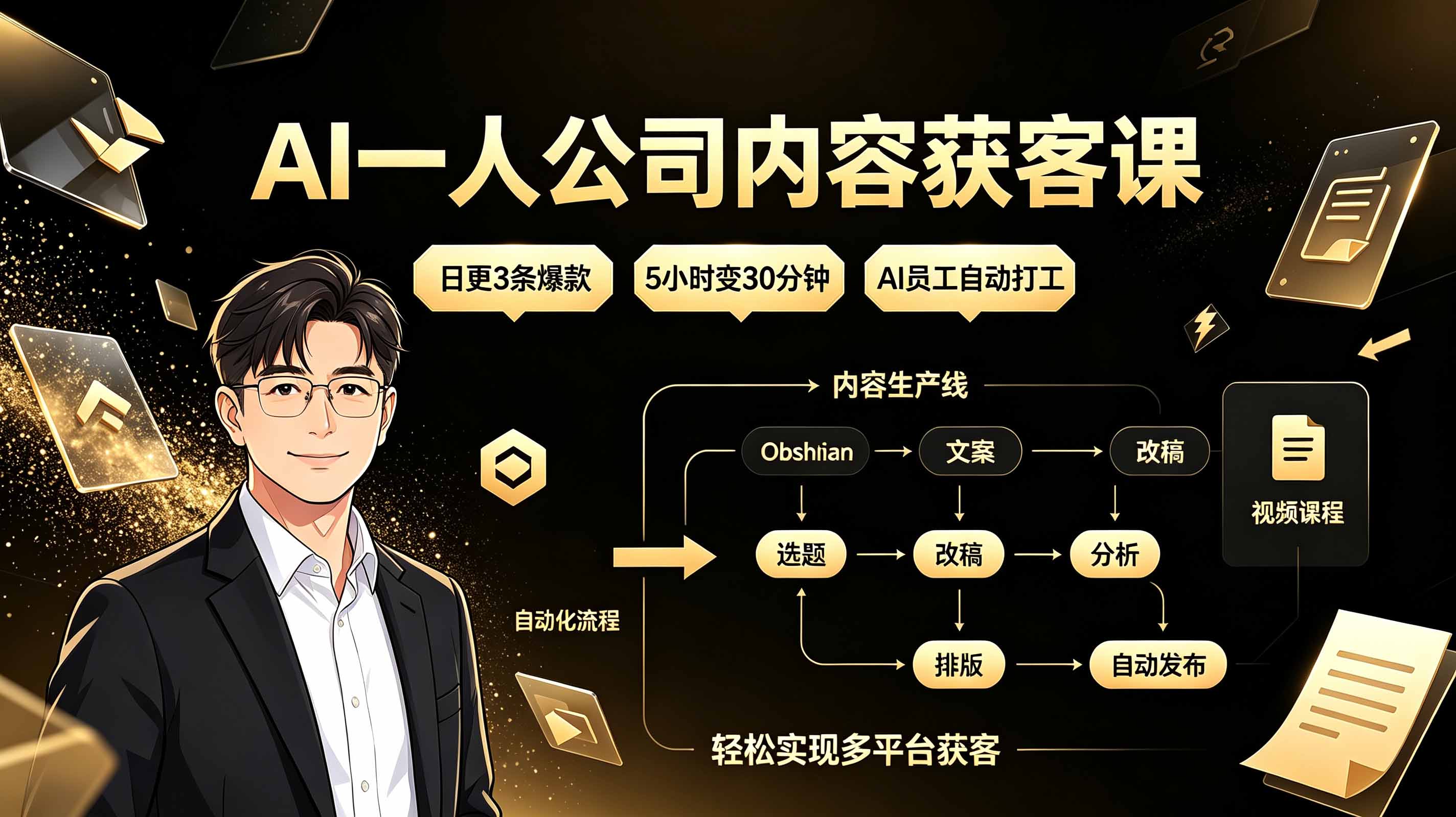 AI一人公司内容获客课：日更3条爆款×5小时变30分钟×AI员工自动打工，轻松实现多平台获客-盟主1站 - 热点知汇专注网赚项目资源知识聚汇