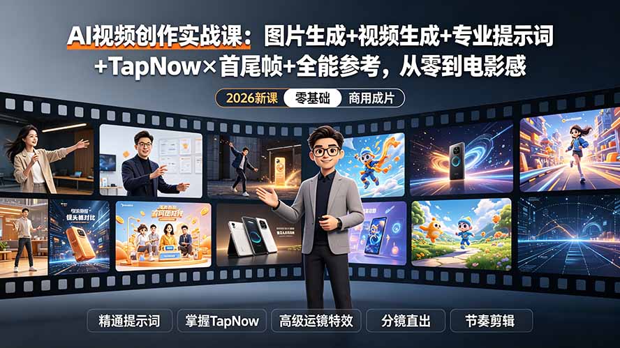 AI视频创作实战课:图片生成+视频生成+专业提示词+TapNow×首尾帧+全能参考,从零到电影感成片-盟主1站 - 热点知汇专注网赚项目资源知识聚汇
