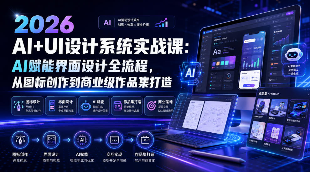 2026 AI+UI设计系统实战课:AI赋能界面设计全流程,从图标创作到商业级作品集打造-盟主1站 - 热点知汇专注网赚项目资源知识聚汇
