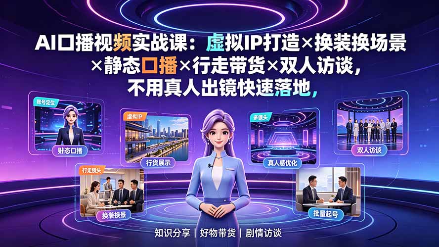 AI口播视频实战课:虚拟IP打造×换装换场景×静态口播×行走带货×双人访谈,不用真人出镜快速落地-盟主1站 - 热点知汇专注网赚项目资源知识聚汇