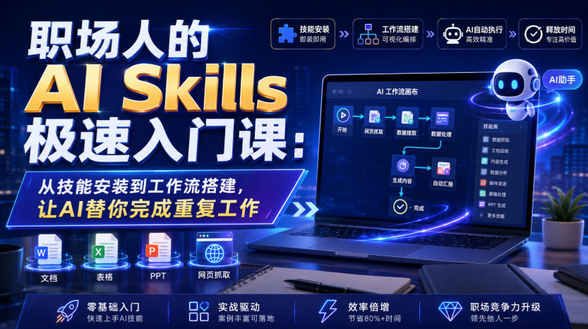 职场人的AI Skills极速入门课:从技能安装到工作流搭建,让AI替你完成重复工作-盟主1站 - 热点知汇专注网赚项目资源知识聚汇