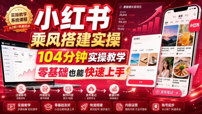小红书乘风搭建实操,104分钟实操教学,零基础也能快速上手-盟主1站 - 热点知汇专注网赚项目资源知识聚汇
