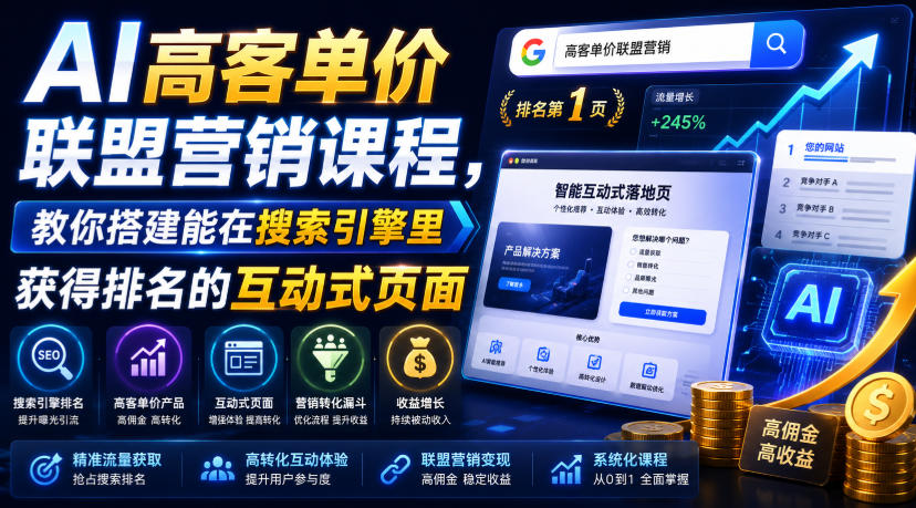 AI高客单价联盟营销课程，教你搭建能在搜索引擎里获得排名的互动式页面，引来流量，把访客转化为高佣金的成交【原创双语字幕】-盟主1站 - 热点知汇专注网赚项目资源知识聚汇
