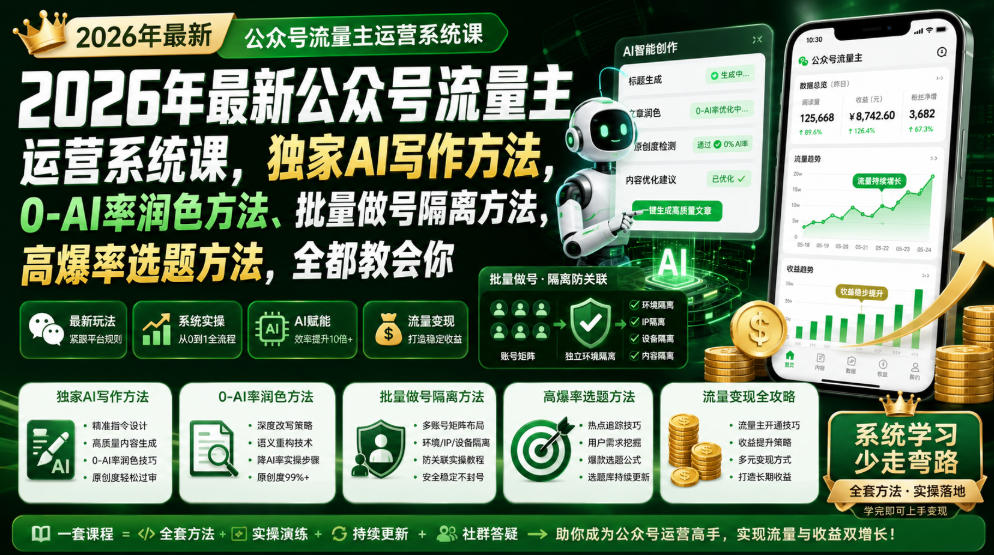 2026年最新公众号流量主运营系统课，独家AI写作方法，0-AI率润色方法、批量做号隔离方法、高爆率选题方法，全都教会你-盟主1站 - 热点知汇专注网赚项目资源知识聚汇