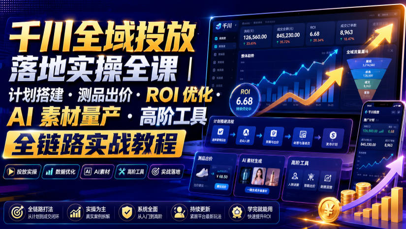 千川全域投放落地实操全课｜计划搭建・测品出价・ROI优化・AI素材量产・高阶工具全链路实战教程-盟主1站 - 热点知汇专注网赚项目资源知识聚汇