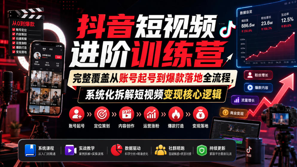 抖音短视频进阶训练营,完整覆盖从账号起号到爆款落地全流程,系统化拆解短视频变现核心逻辑-盟主1站 - 热点知汇专注网赚项目资源知识聚汇