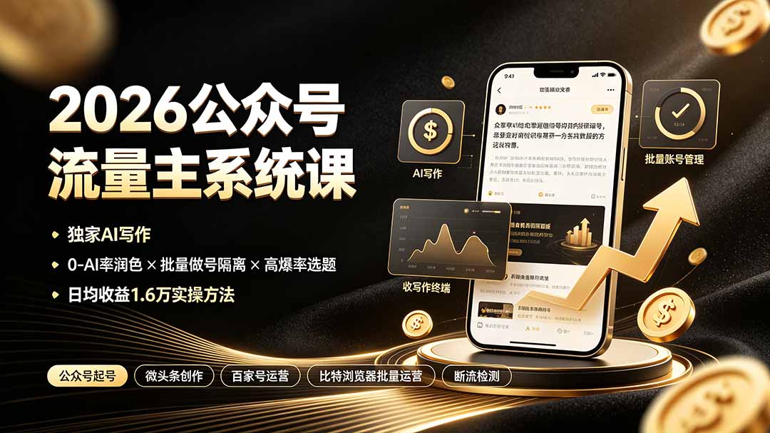 2026公众号流量主系统课：独家AI写作×0-AI率润色×批量做号隔离×高爆率选题，日均收益1.6万实操方法-盟主1站 - 热点知汇专注网赚项目资源知识聚汇