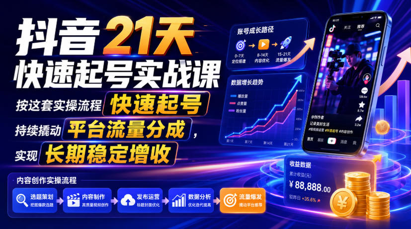 抖音21天快速起号实战课,按这套实操流程快速起号,持续撬动平台流量分成,实现长期稳定增收-盟主1站 - 热点知汇专注网赚项目资源知识聚汇