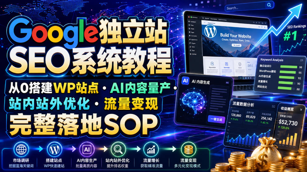 Google独立站SEO系统教程,从0搭建WP站点・AI内容量产・站内站外优化・流量变现完整落地SOP(2026年7月)-盟主1站 - 热点知汇专注网赚项目资源知识聚汇