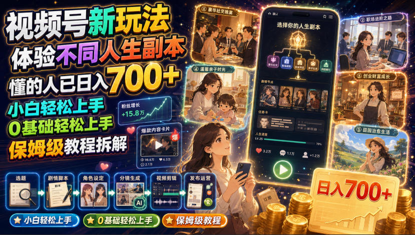 视频号新玩法体验不同人生副本,懂的人已日入700+,小白轻松上手,0基础轻松上手,保姆级教程拆解-盟主1站 - 热点知汇专注网赚项目资源知识聚汇