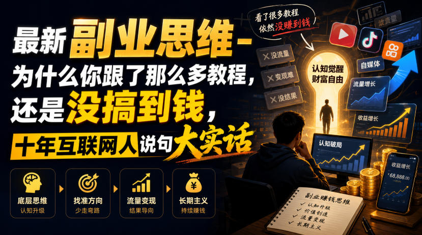 最新副业思维-为什么你跟了那么多教程,还是没搞到钱,十年互联网人说句大实话【揭秘】-盟主1站 - 热点知汇专注网赚项目资源知识聚汇