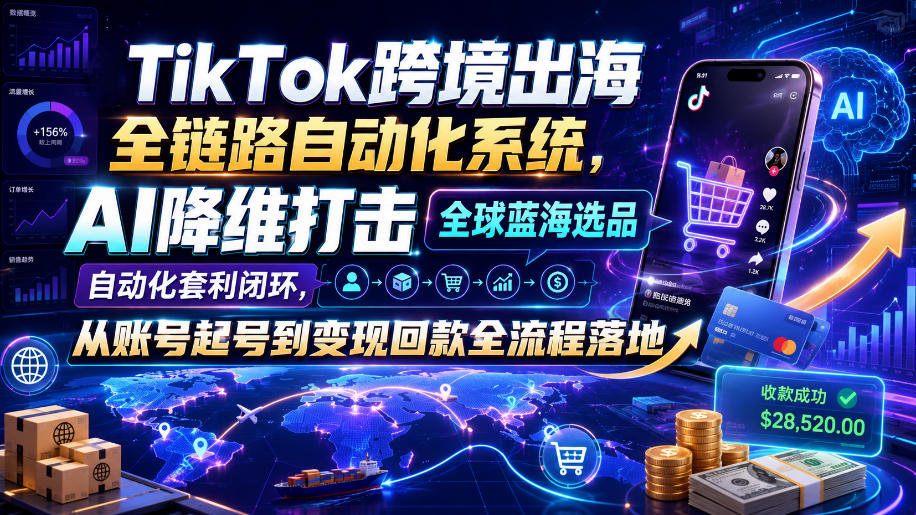 TikTok跨境出海全链路自动化系统,AI降维打击全球蓝海选品自动化套利闭环,从账号起号到变现回款全流程落地(2026年7月)-盟主1站 - 热点知汇专注网赚项目资源知识聚汇
