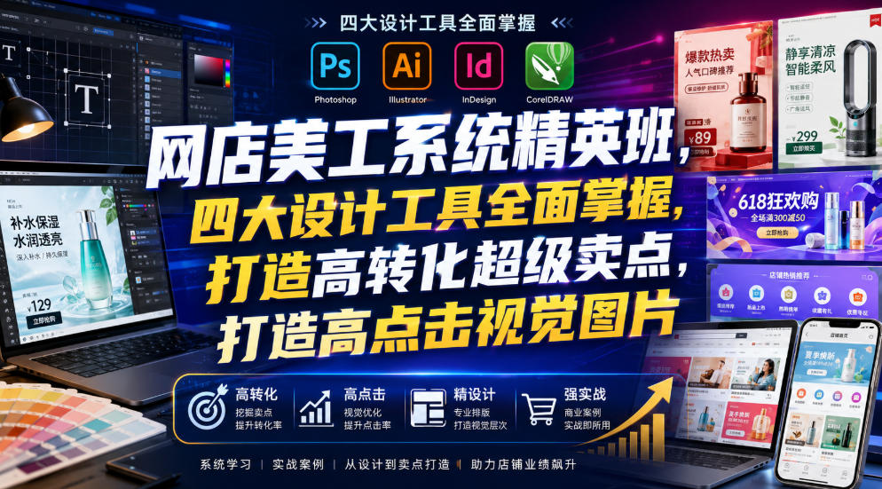 网店美工系统精英班,四大设计工具全面掌握,打造高转化超级卖点,打造高点击视觉图片(2026年7月)-盟主1站 - 热点知汇专注网赚项目资源知识聚汇