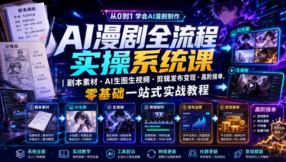 AI漫剧全流程实操系统课|剧本素材・AI生图生视频・剪辑发布变现・高阶接单,零基础一站式实战教程-盟主1站 - 热点知汇专注网赚项目资源知识聚汇