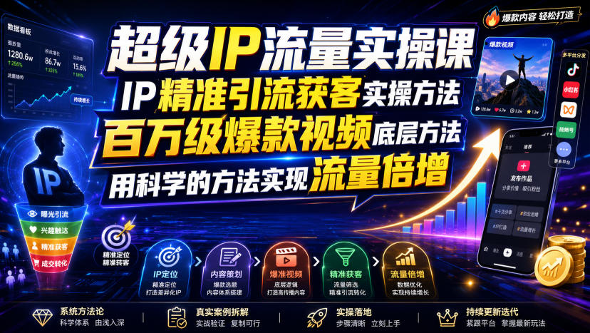 超级IP流量实操课,IP精准引流获客实操方法,百万级爆款视频底层方法,用科学的方法实现流量倍增-盟主1站 - 热点知汇专注网赚项目资源知识聚汇
