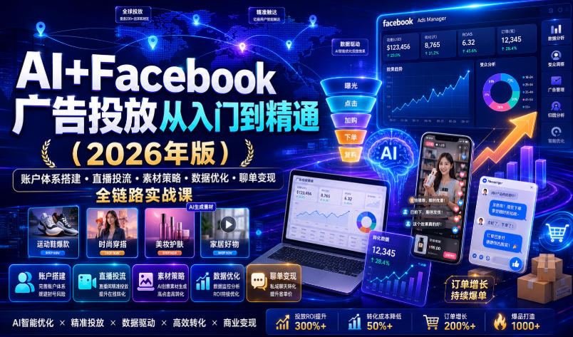 AI+Facebook广告投放从入门到精通(2026年版)｜账户体系搭建・直播投流・素材策略・数据优化・聊单变现全链路实战课-盟主1站 - 热点知汇专注网赚项目资源知识聚汇