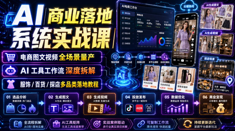 AI商业落地系统实战课｜电商图文视频全场景量产・AI工具工作流深度拆解・服饰/百货/探店多品类落地教程-盟主1站 - 热点知汇专注网赚项目资源知识聚汇
