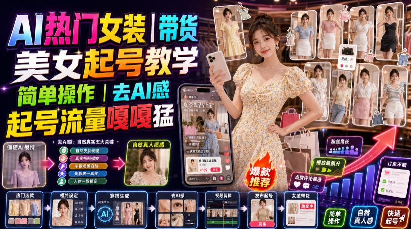 AI热门女装带货丨美女起号教学,简单操作,去AI感,起号流量嘎嘎猛-盟主1站 - 热点知汇专注网赚项目资源知识聚汇