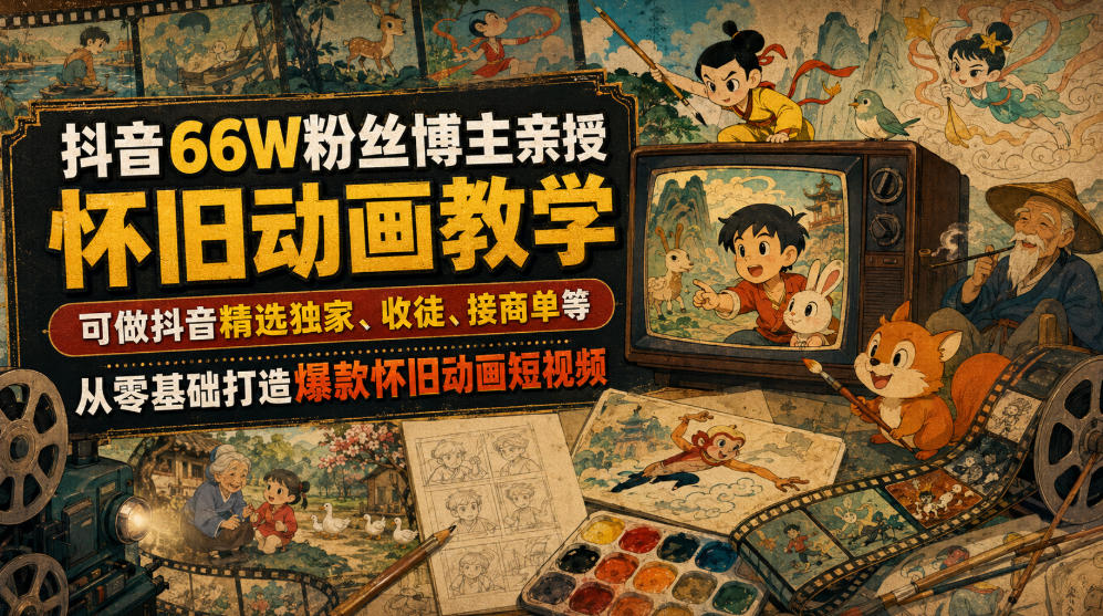 抖音66W粉丝博主亲授怀旧动画教学，可做抖音精选独家、收徒、接商单等，从零基础打造爆款怀旧动画短视频-盟主1站 - 热点知汇专注网赚项目资源知识聚汇