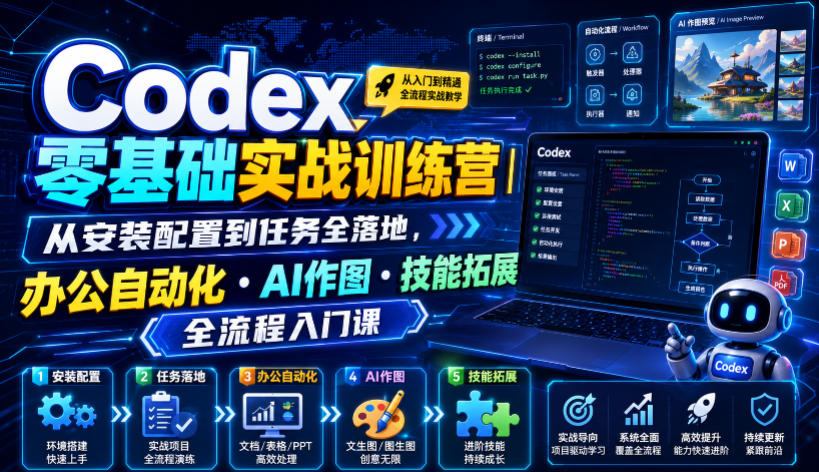 Codex零基础实战训练营|从安装配置到任务全落地,办公自动化・AI作图・技能拓展全流程入门课-盟主1站 - 热点知汇专注网赚项目资源知识聚汇