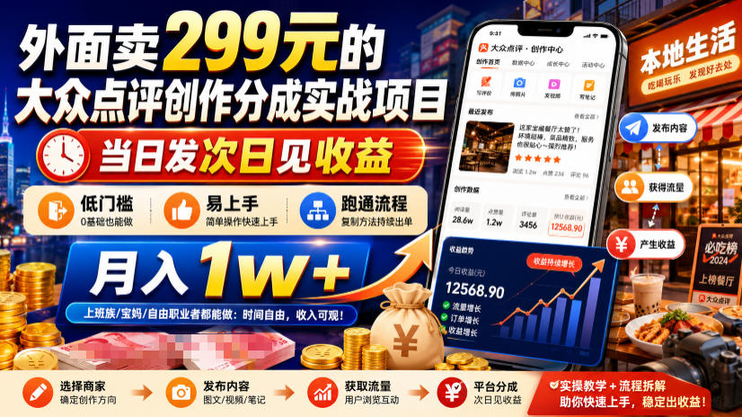 外面卖299元的大众点评创作分成实战项目,当日发次日见收益,低门槛易上手,跑通流程月入1w+-盟主1站 - 热点知汇专注网赚项目资源知识聚汇