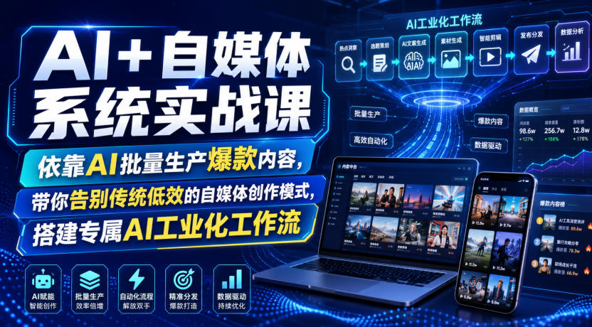 AI+自媒体系统实战课,依靠AI批量生产爆款内容,带你告别传统低效的自媒体创作模式,搭建专属AI工业化工作流-盟主1站 - 热点知汇专注网赚项目资源知识聚汇